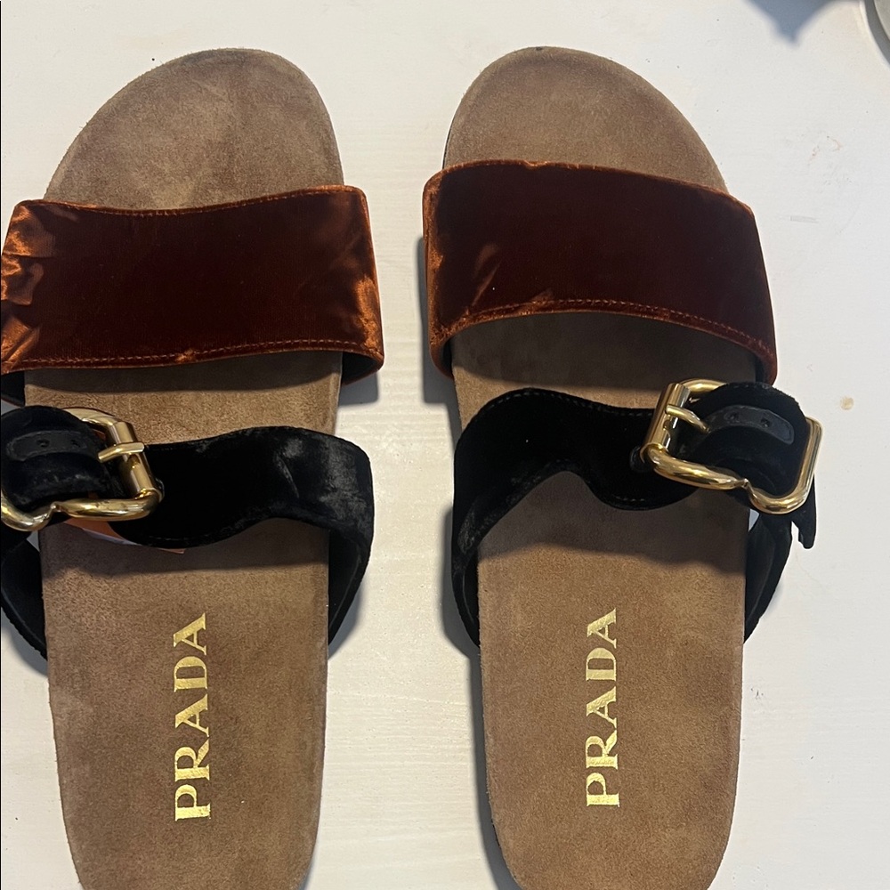 Prada Velvet Slide Sandals - Black and Brown-10/ 41.5